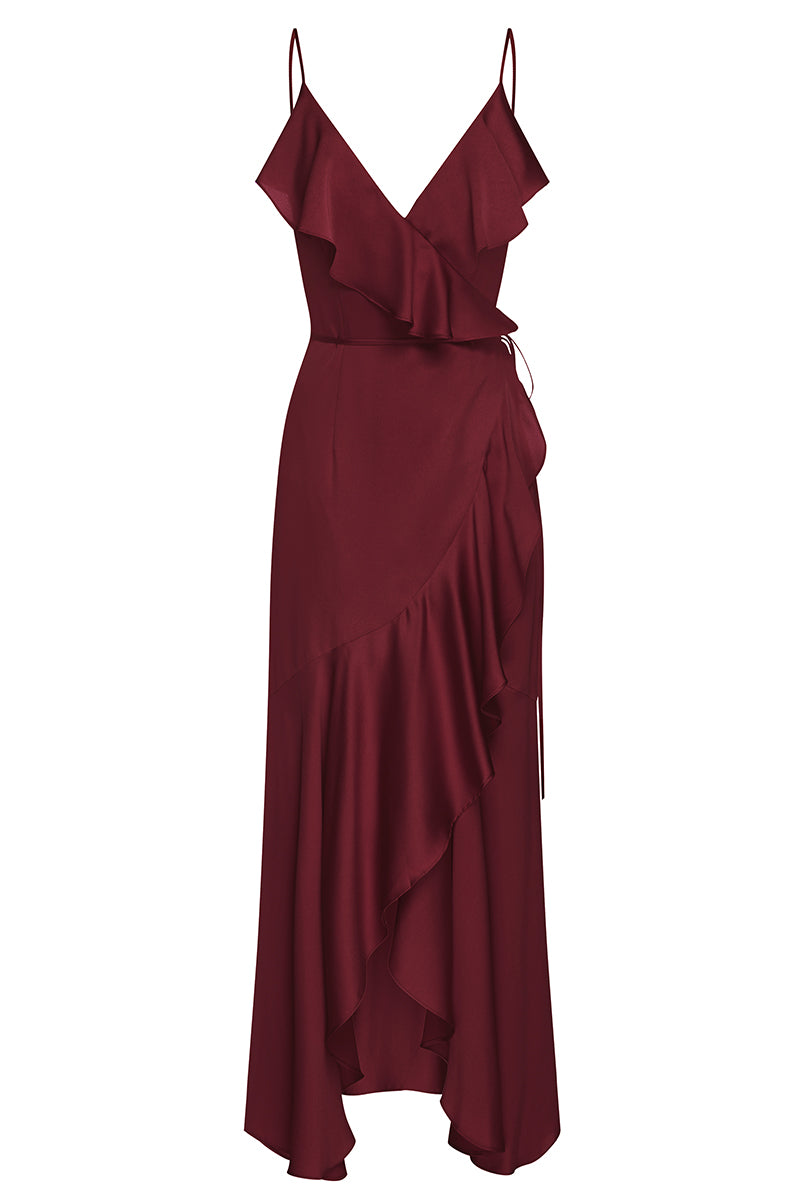 Luxe Bias Frill Wrap Dress | Garnet ...